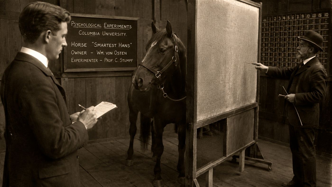 A young psychologist with a notebook observing a horse and its questioner in a controlled test