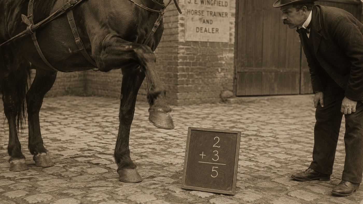 Close-up of a horse's hoof tapping near a chalkboard with arithmetic while a man watches