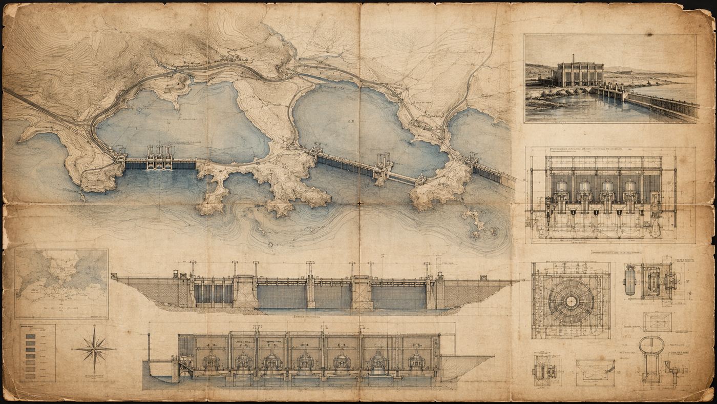A 1930s engineering plan showing proposed dams and gates across the bays near Eastport, Maine