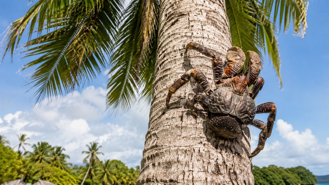 A large coconut crab climbing high up the trunk of a tall palm tree on a tropical island