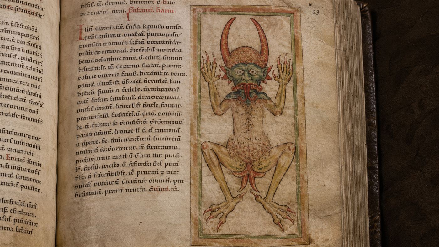 A full-page medieval illustration of a crouching horned devil with clawed feet inside the Codex Gigas