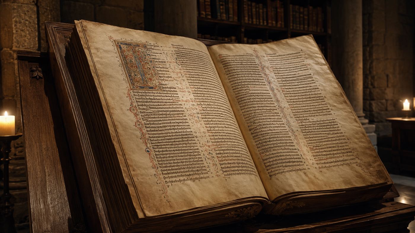 The enormous open Codex Gigas medieval manuscript on a stand, lit by candlelight
