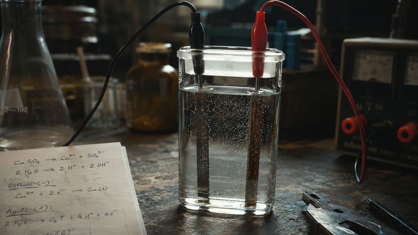 A simple glass electrolysis cell with electrodes and bubbling liquid on a lab bench, evoking the cold fusion experiment