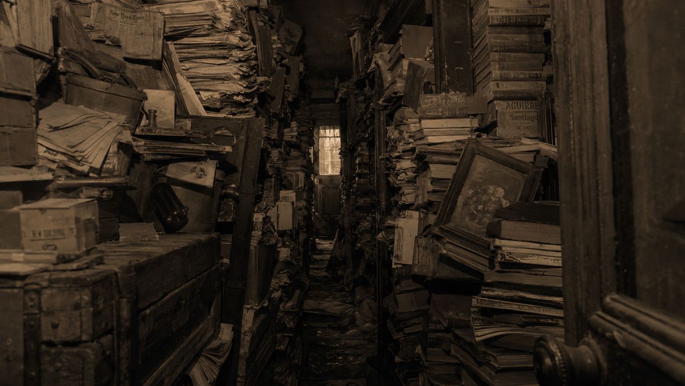 The Collyer brothers' brownstone interior packed floor to ceiling with hoarded newspapers, books and junk in 1947
