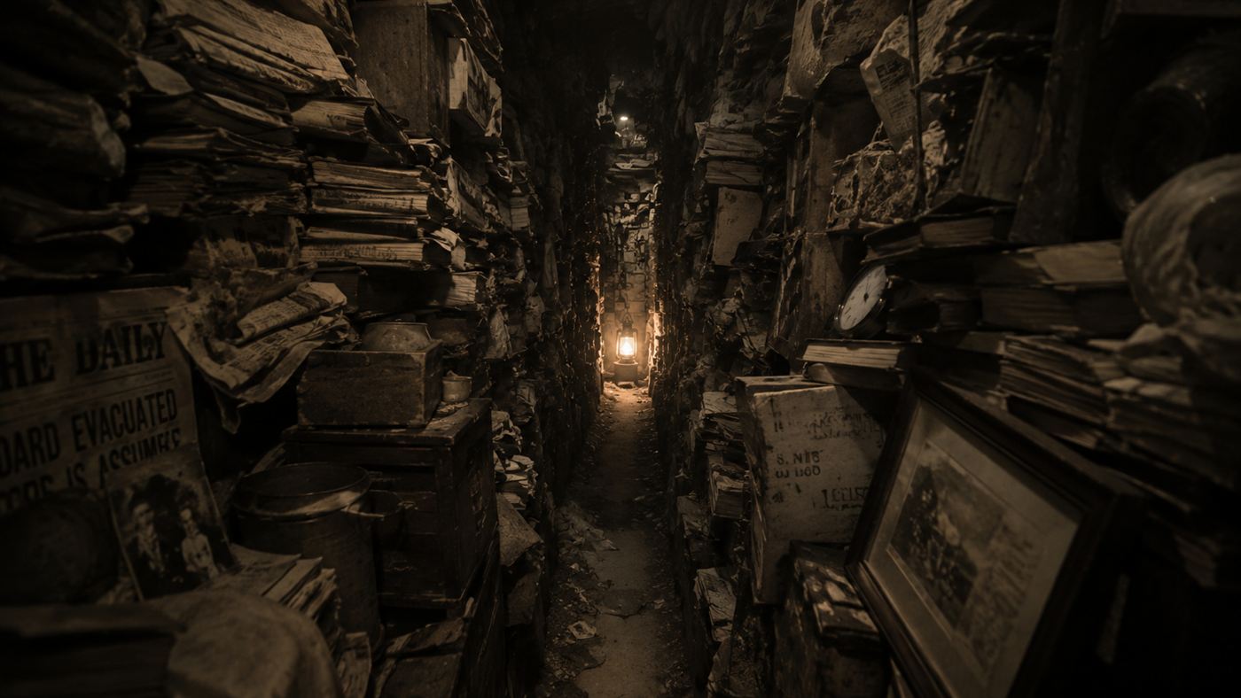 A narrow tunnel carved through walls of packed junk inside the Collyer brothers' dark house