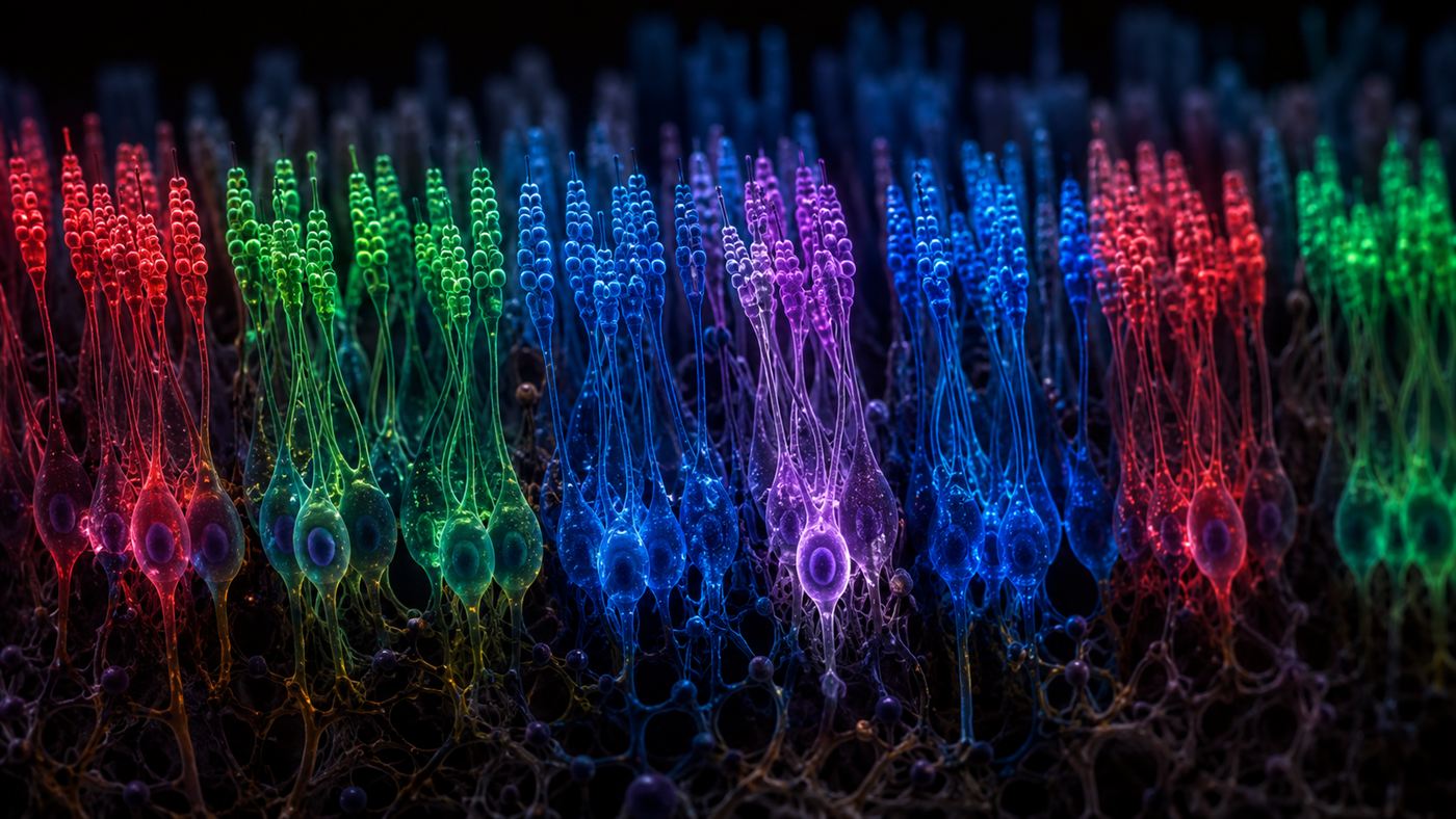 An artistic illustration of colour receptor cells glowing in red, green and blue with one extra shimmering colour