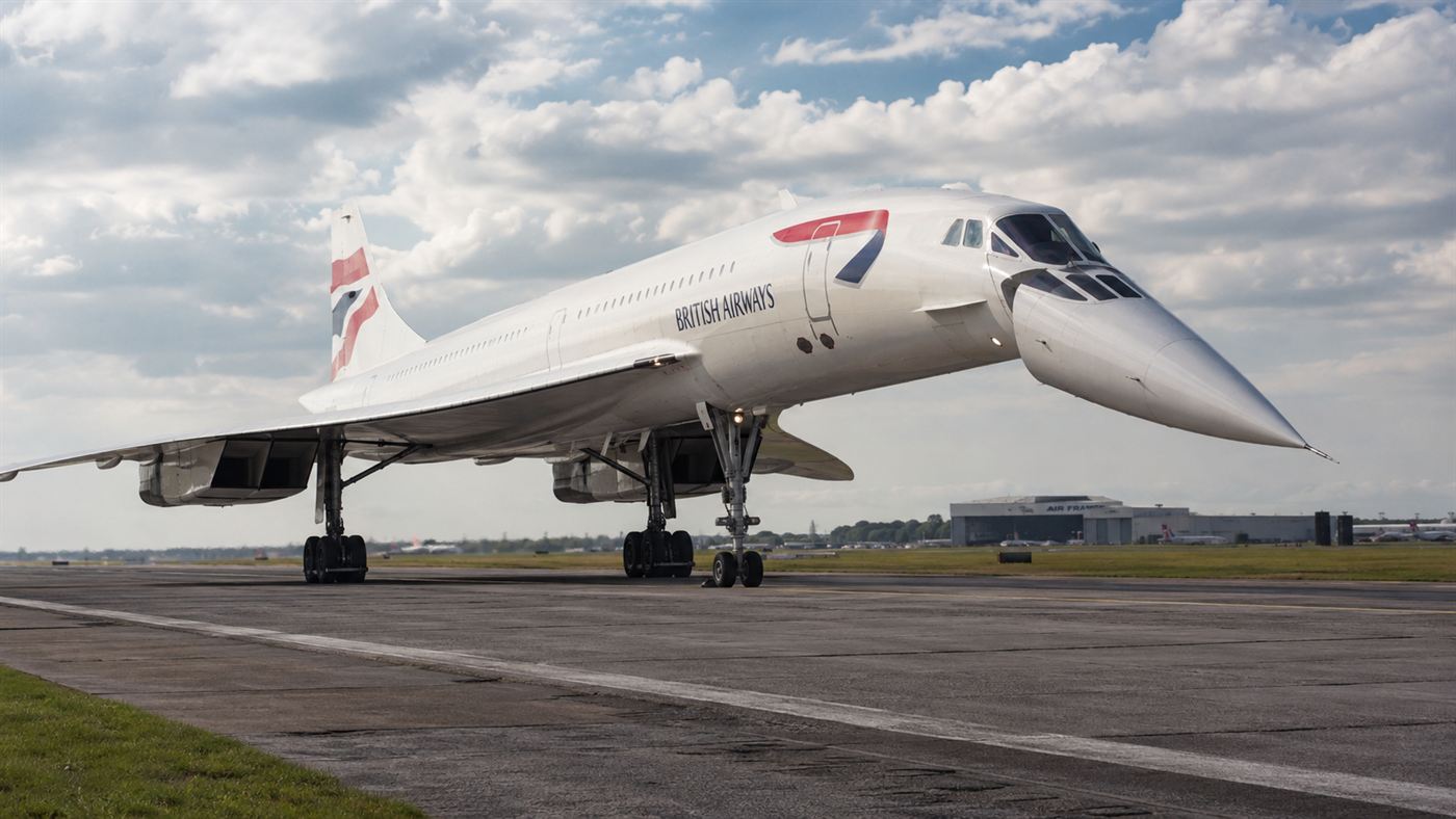 A white Concorde supersonic jet on a runway with its pointed nose drooped down for landing