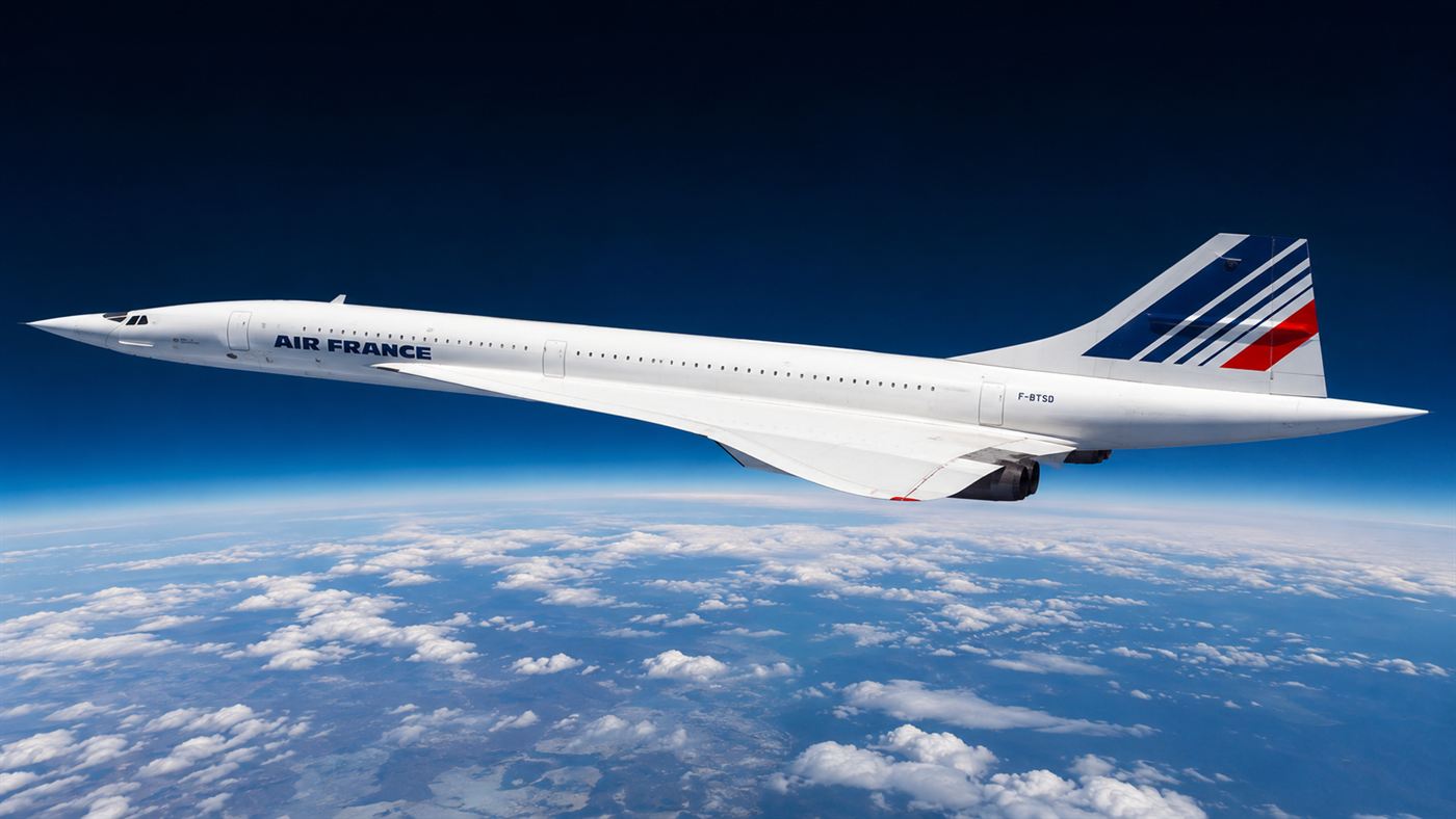 A white delta-wing Concorde cruising at very high altitude with the curve of the Earth and dark blue sky behind it