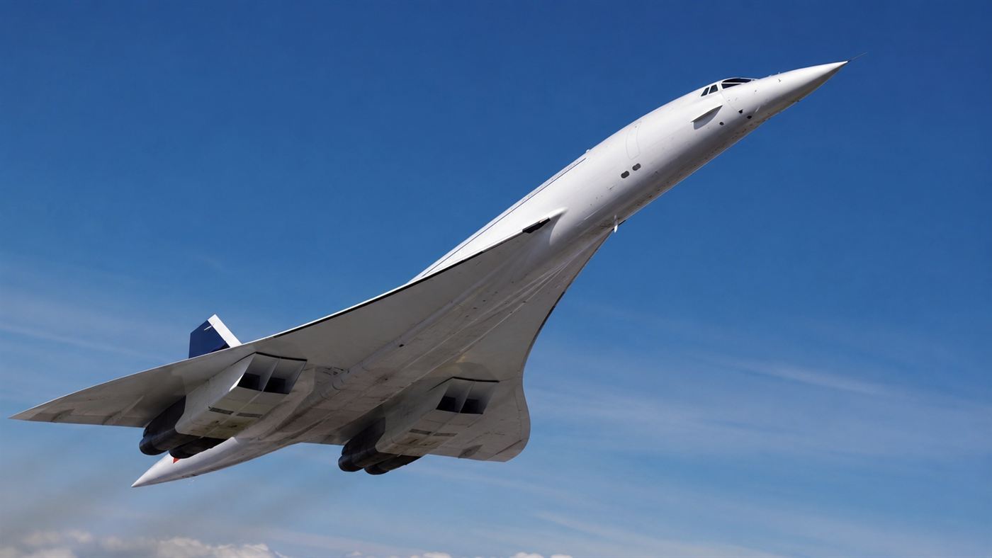 The Concorde, a sleek white delta-wing supersonic airliner with a pointed nose, climbing into a blue sky