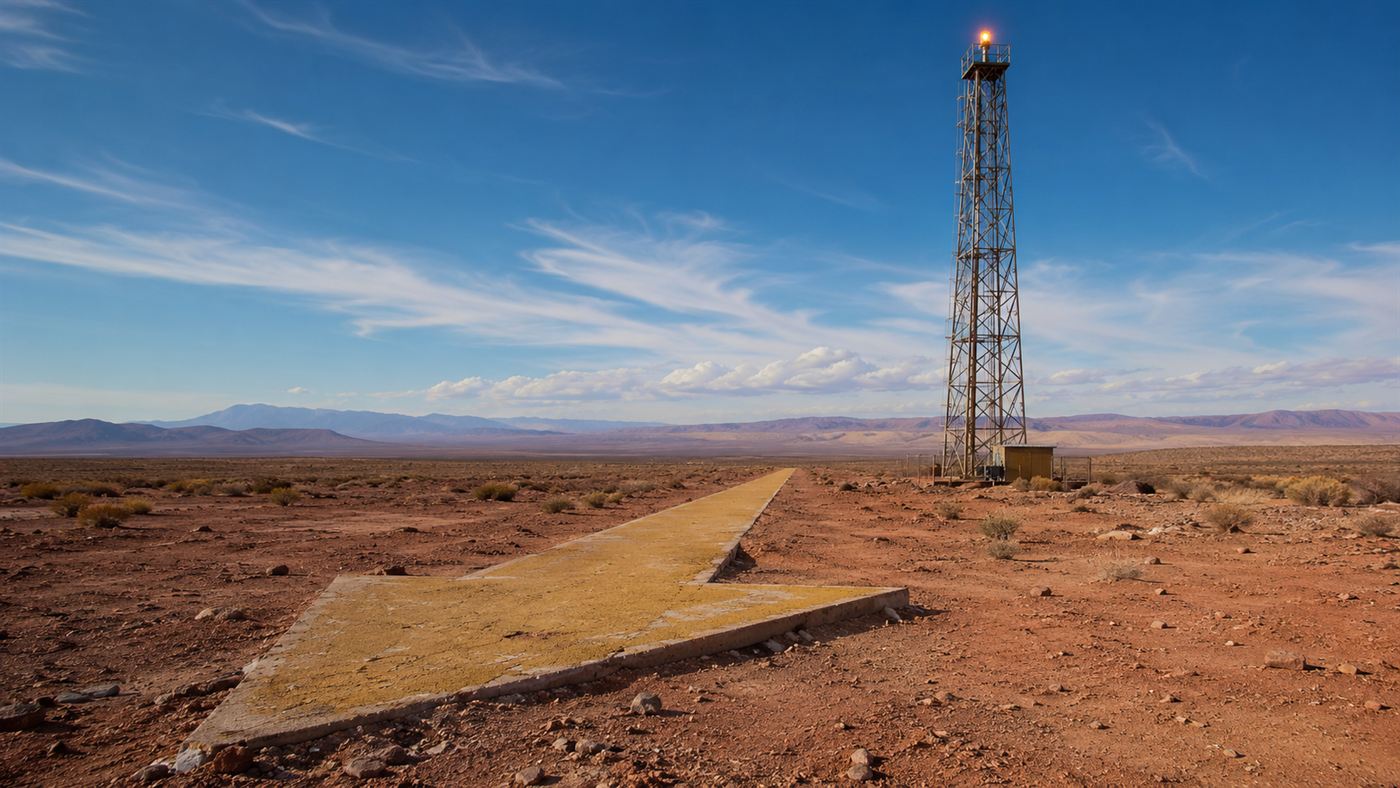 A huge faded yellow concrete arrow on the desert ground beside a tall steel beacon tower under a wide sky