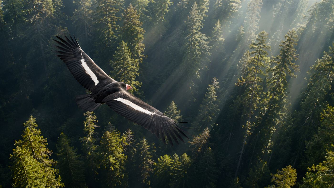 A California condor with its huge dark wingspan soaring above ancient redwood forest canopy in Northern California