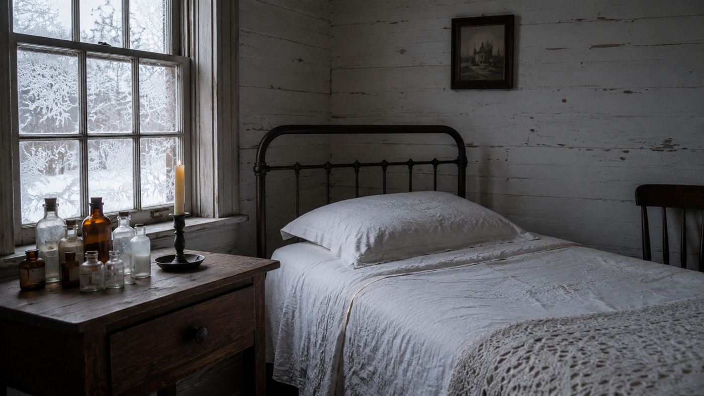 A dim 1890s New England farmhouse sickroom with an empty bed by a frosted window and medicine bottles on a bedside table