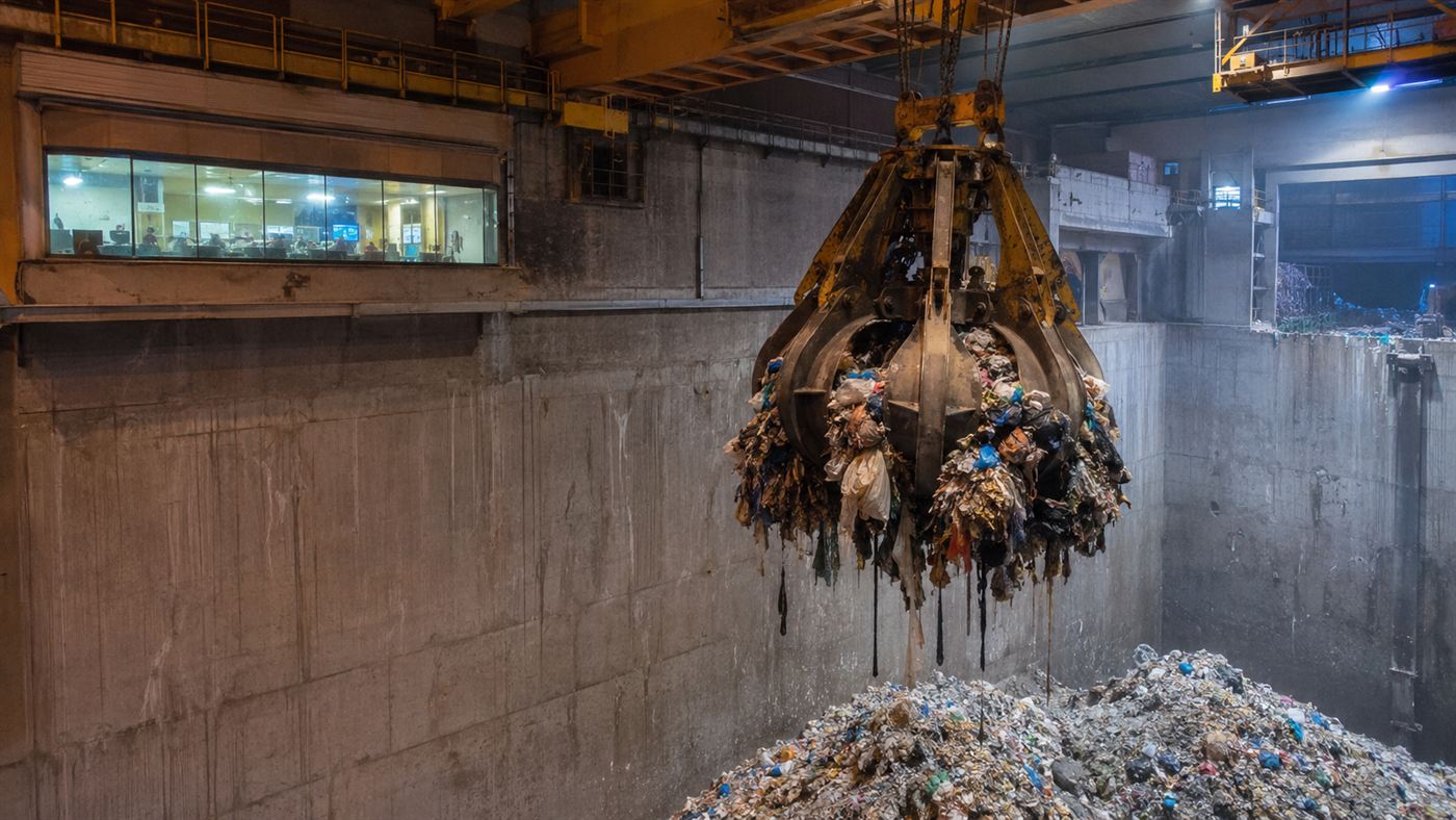 Inside the waste-to-energy plant at CopenHill, the giant furnace hall and waste crane that feed the boilers