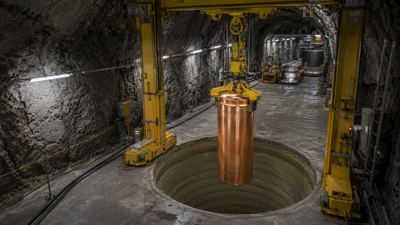 A copper canister being lowered into a deposition hole drilled in the grey bedrock