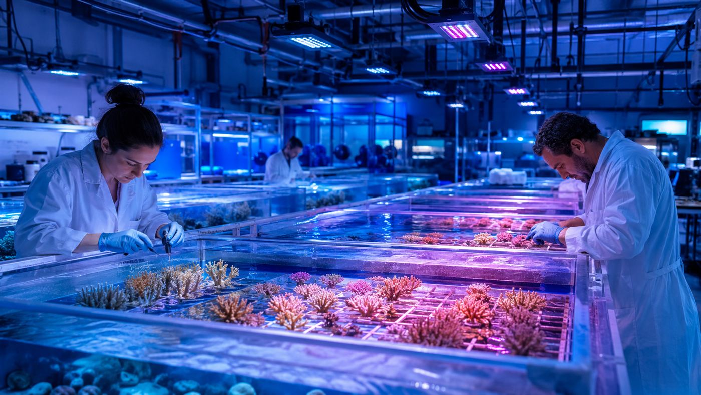 Scientists working with rows of illuminated tanks of young corals in a land-based coral breeding laboratory
