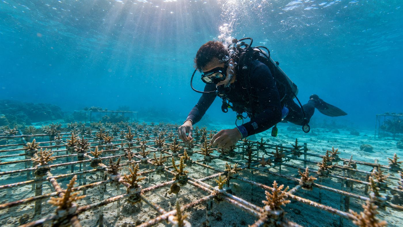 A diver tending rows of young corals on a coral restoration nursery frame in clear blue water