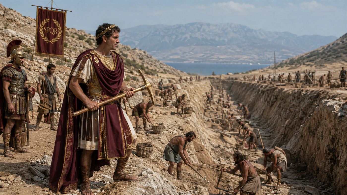 Ancient labourers and an emperor with a pickaxe beginning to dig a canal across a rocky Greek isthmus