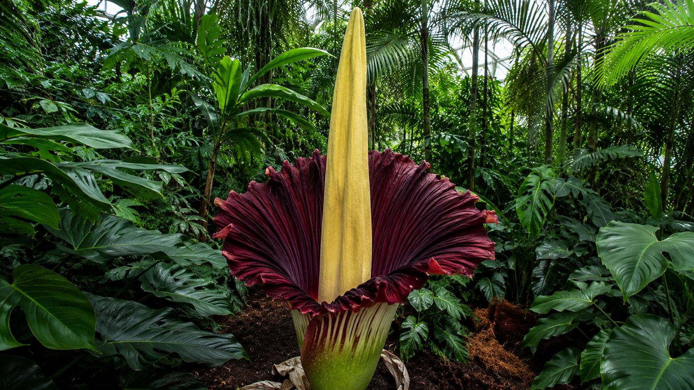 A towering titan arum corpse flower in full bloom, a tall pale spadix rising from a huge frilled deep crimson spathe
