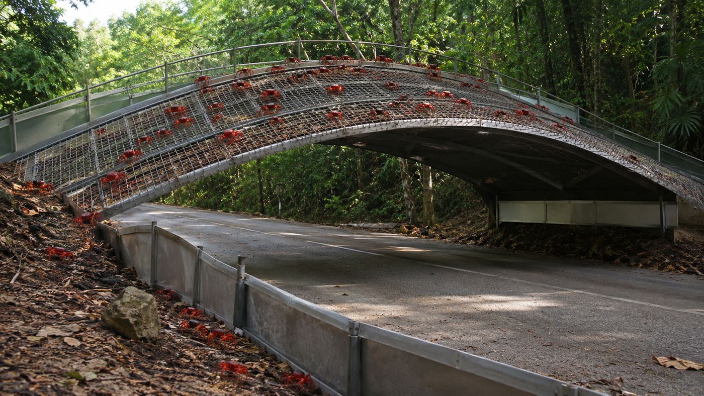 A purpose-built arched crab bridge spanning a road on Christmas Island with red crabs crossing it