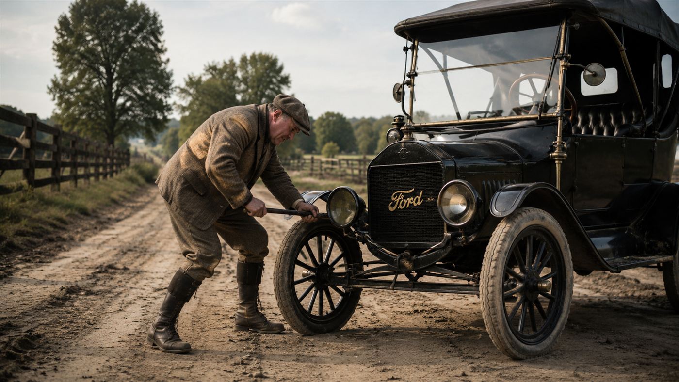 A man straining to hand-crank the front of an early 1910s black gasoline car, the chore the electric starter ended