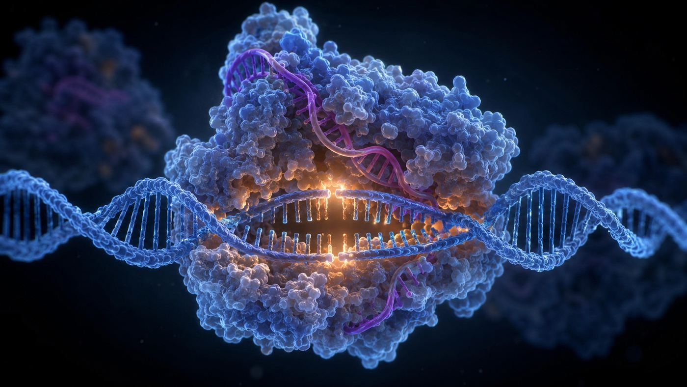 A molecular illustration of the CRISPR system binding to a strand of DNA to cut and disable a target gene