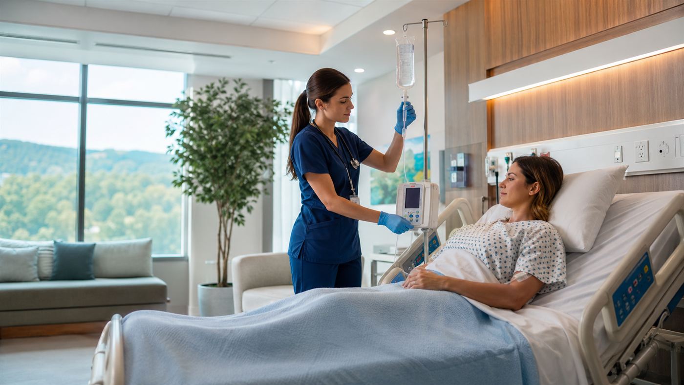 A patient receiving a single intravenous infusion in a calm hospital setting, representing a one-time gene editing treatment