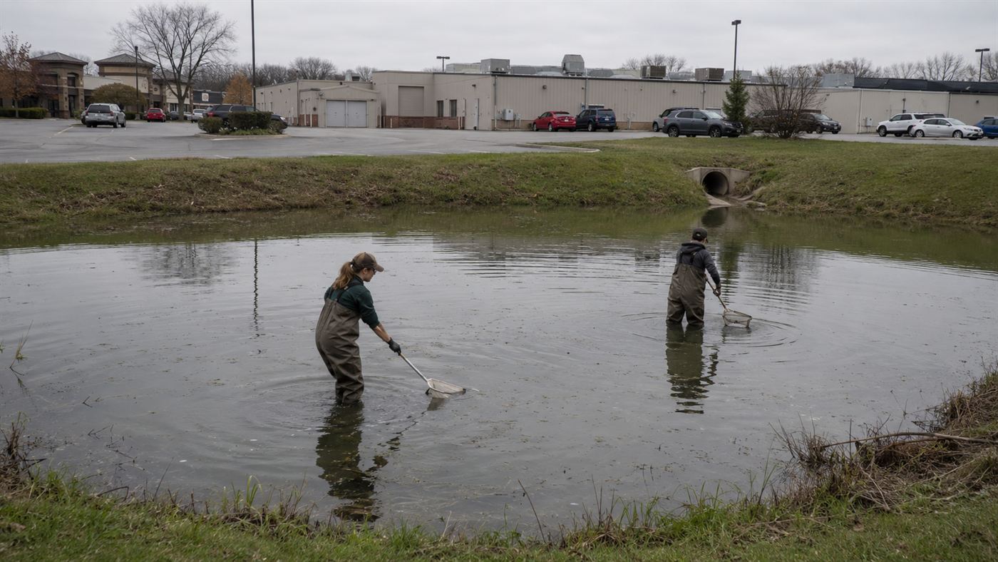 A small suburban pond behind a shopping center with biologists sampling the water