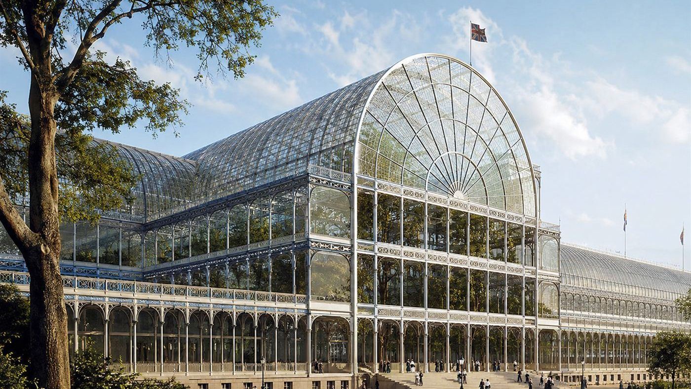 The 1851 Crystal Palace, a vast glass and iron exhibition hall with an arched transept gleaming in a London park