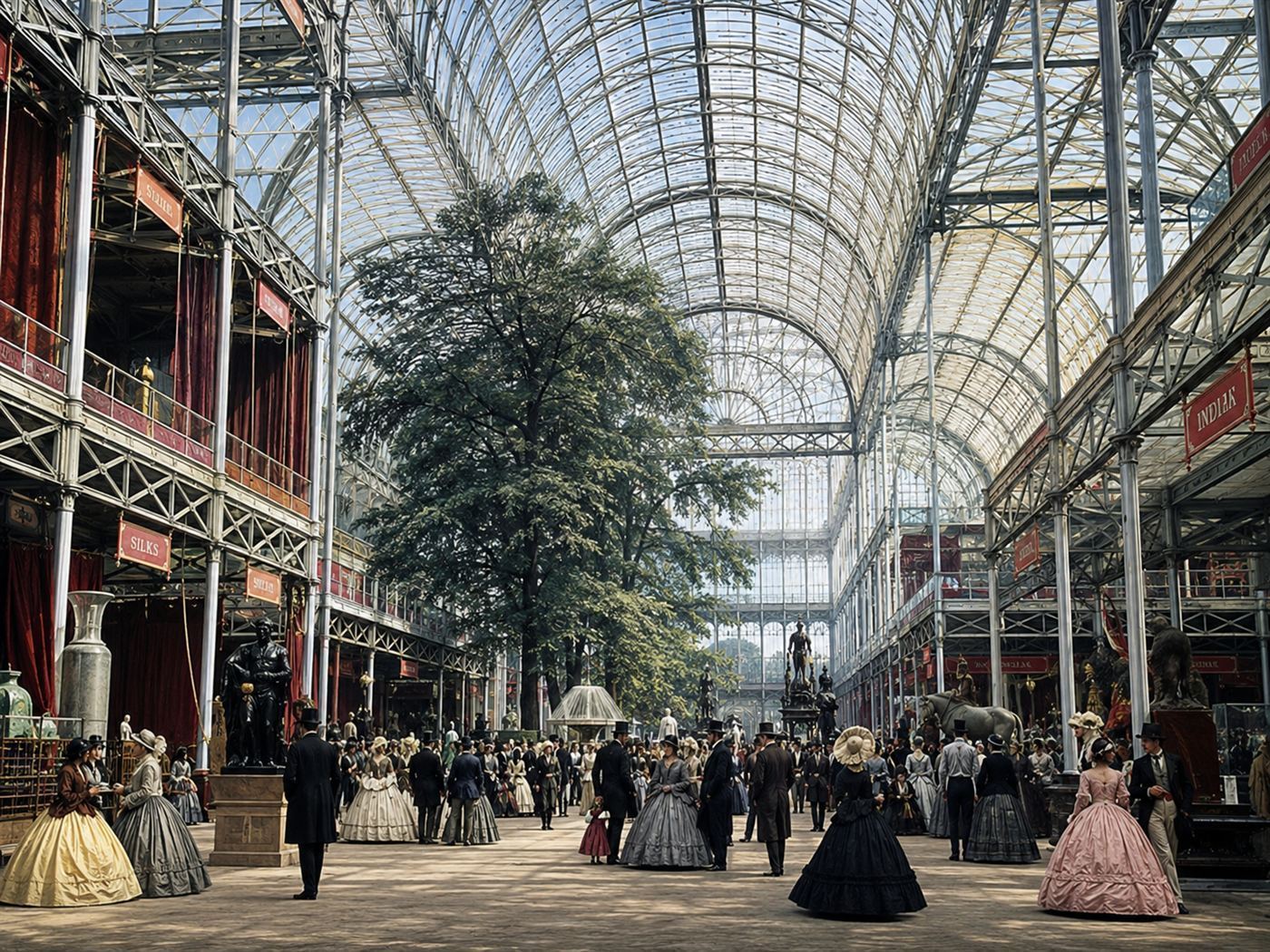 The glass and iron interior nave of the 1851 Crystal Palace filled with light and Victorian visitors