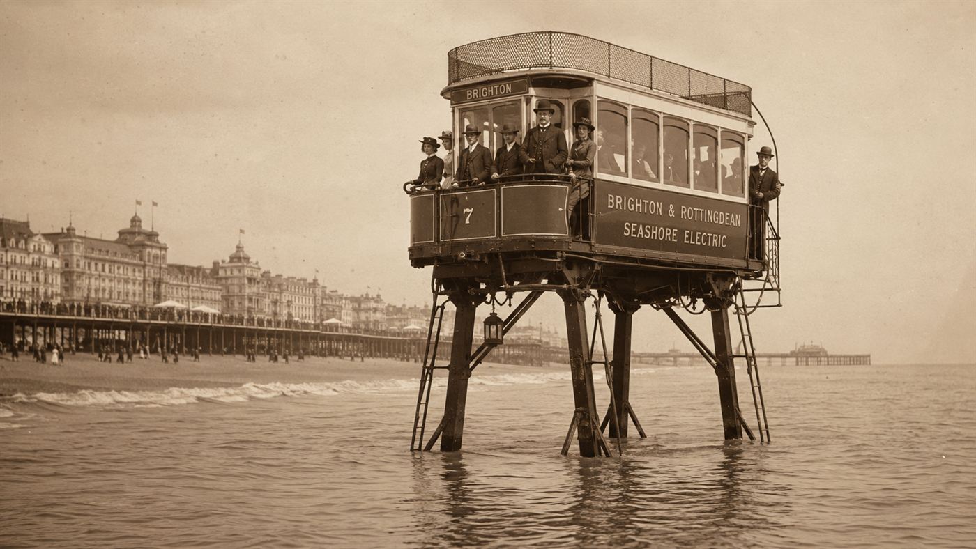The Daddy Long Legs car on tall stilt-legs moving through the sea off Brighton in the 1890s