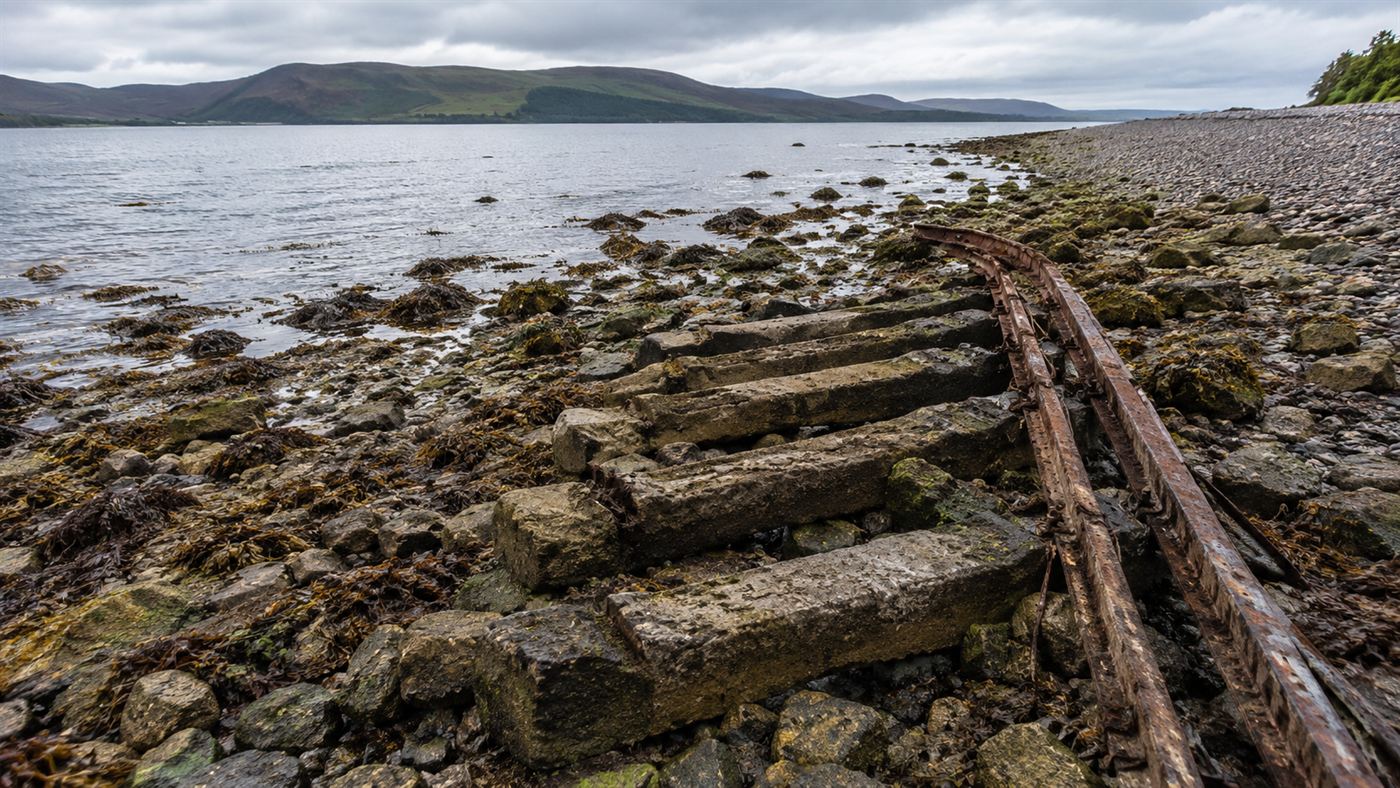 Remains of the Daddy Long Legs railway's concrete sleepers exposed on the seabed at low tide off Brighton