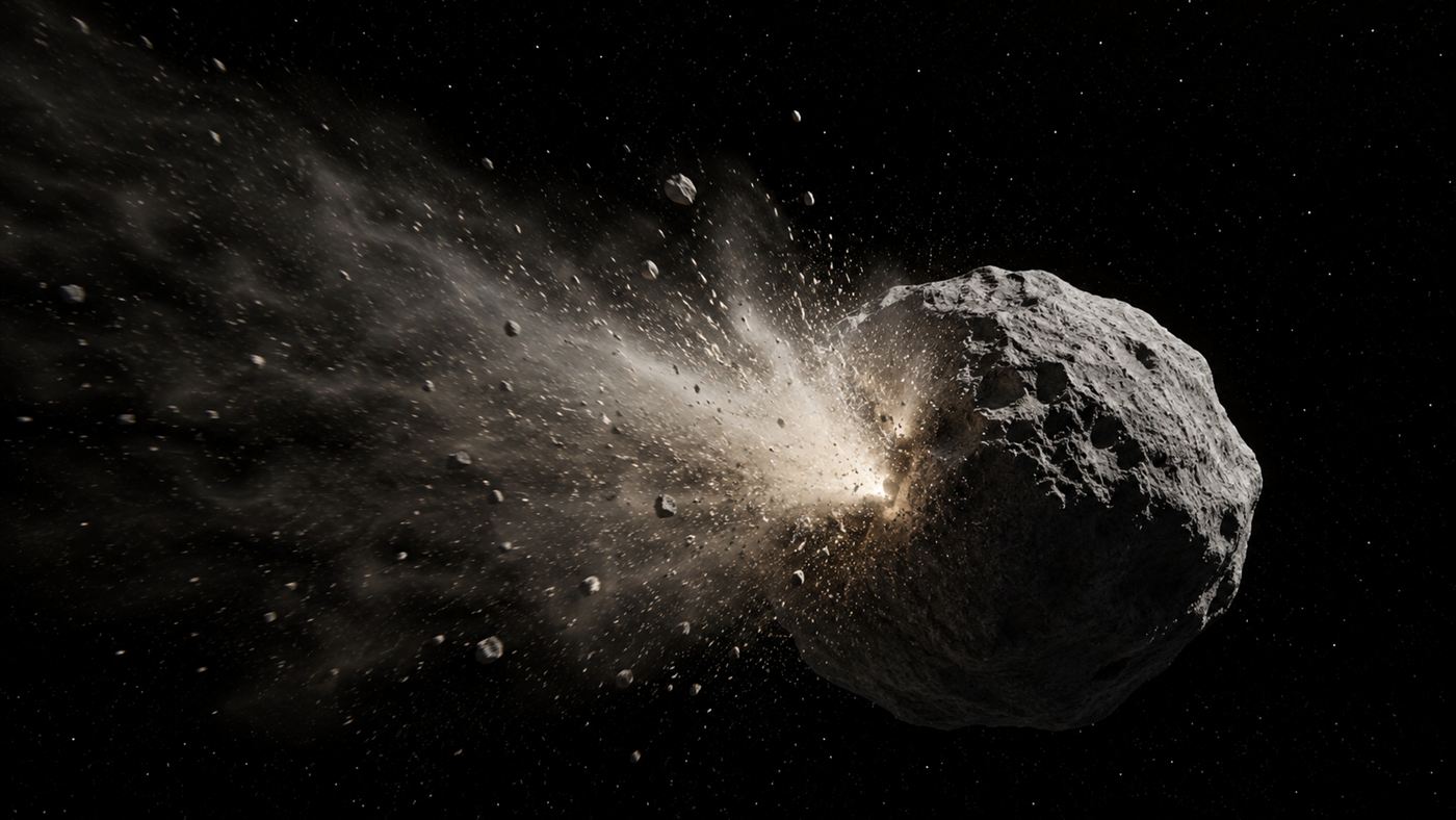 A bright plume of dust and rocky debris fanning out from the asteroid Dimorphos after the DART asteroid deflection impact