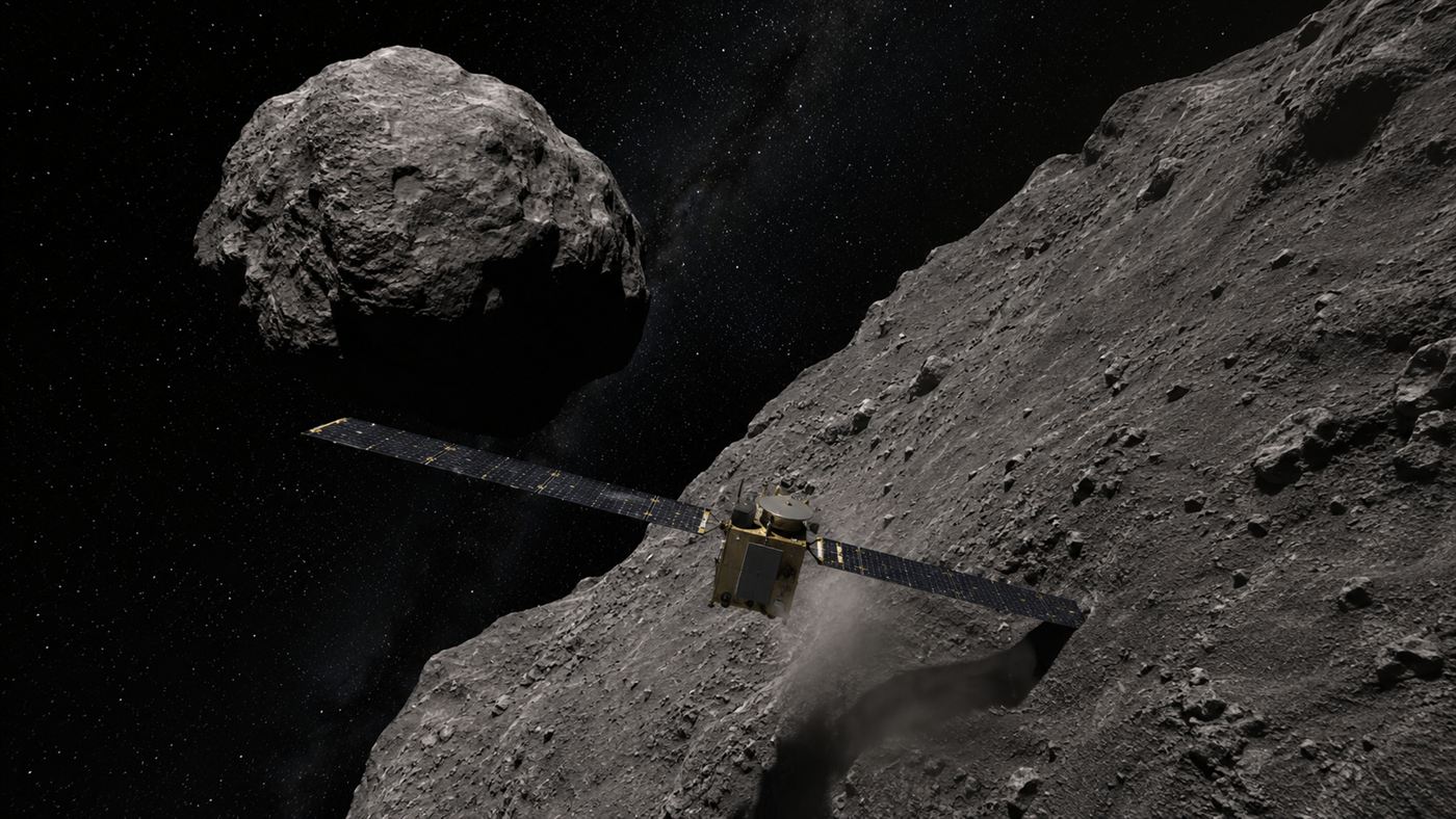 The DART spacecraft approaching the asteroid Dimorphos moments before impact