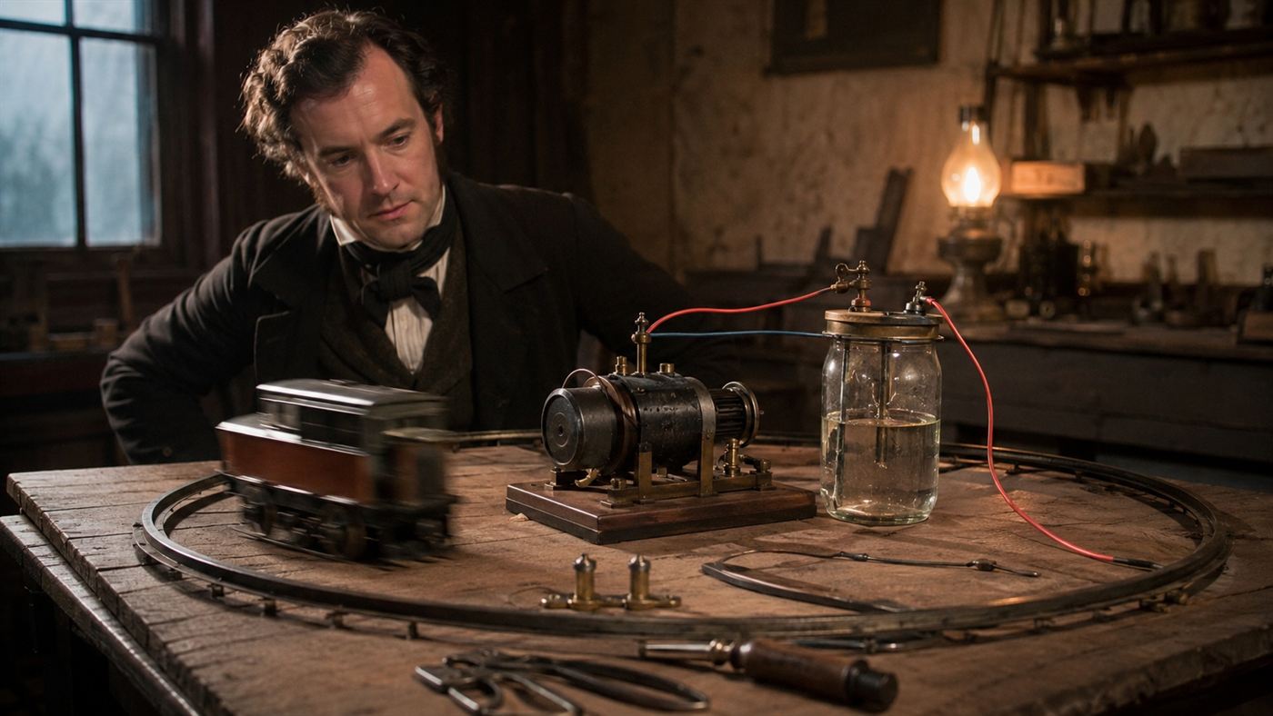 A small model railway car running on a circular track powered by a battery and electric motor in an 1830s workshop