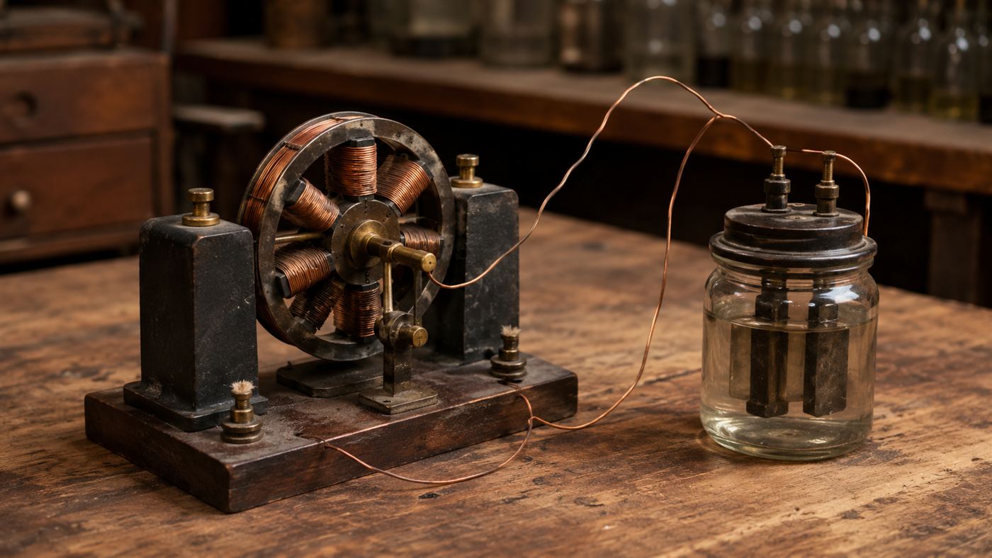 A primitive 1834 electric motor of electromagnet spokes between fixed magnets, wired to a glass jar battery on a workbench