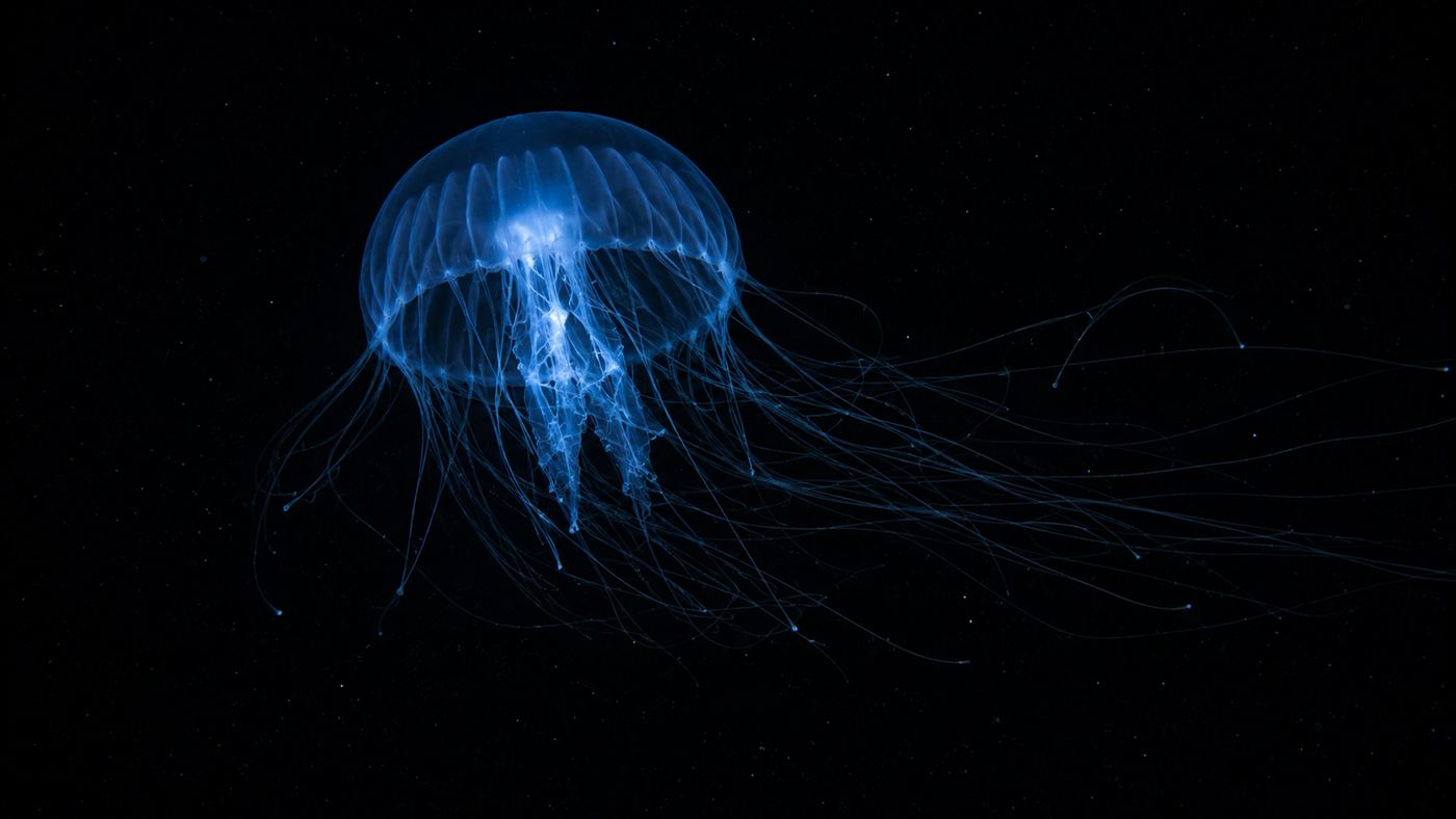 A delicate glowing deep-sea jellyfish drifting in black water off Brazil