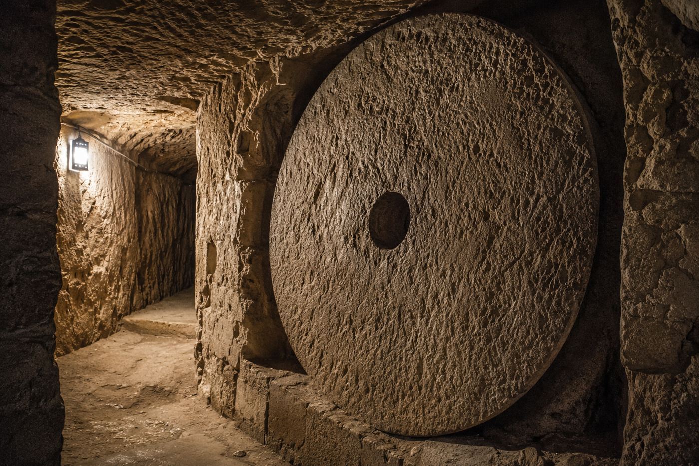 A large round rolling stone door, like a millstone, set into the wall of a narrow underground passage in Derinkuyu