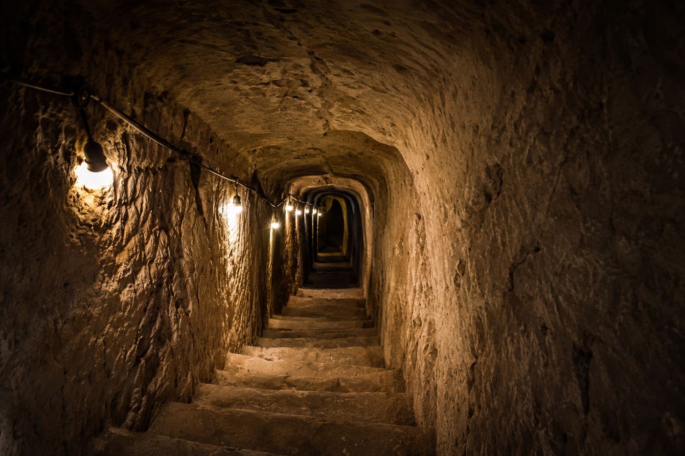 A narrow low carved tunnel and worn stone steps descending deeper into the Derinkuyu underground city, lit by lamps