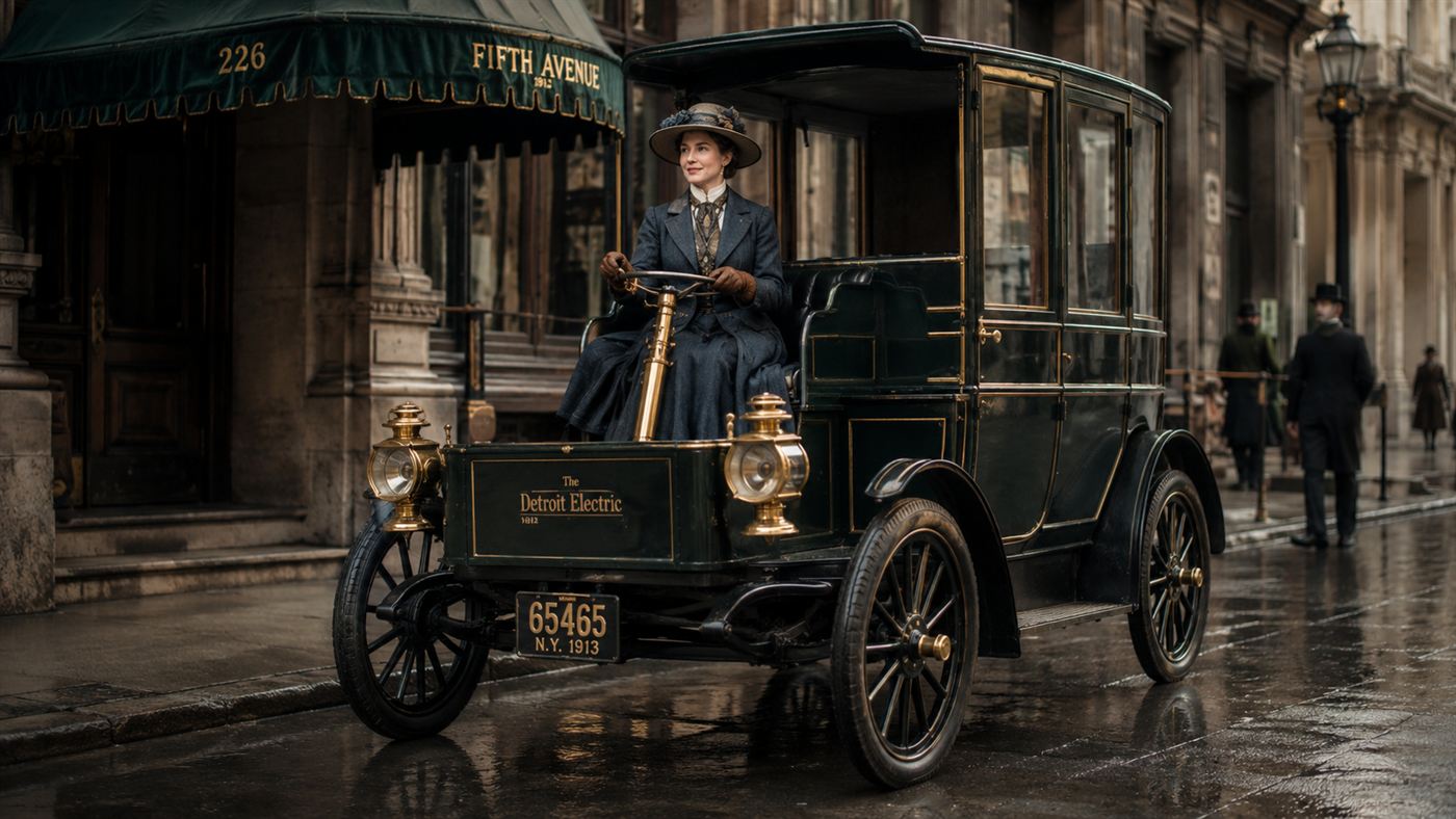 An elegant tall boxy 1910s Detroit Electric car on a city street with a woman in period dress at the tiller