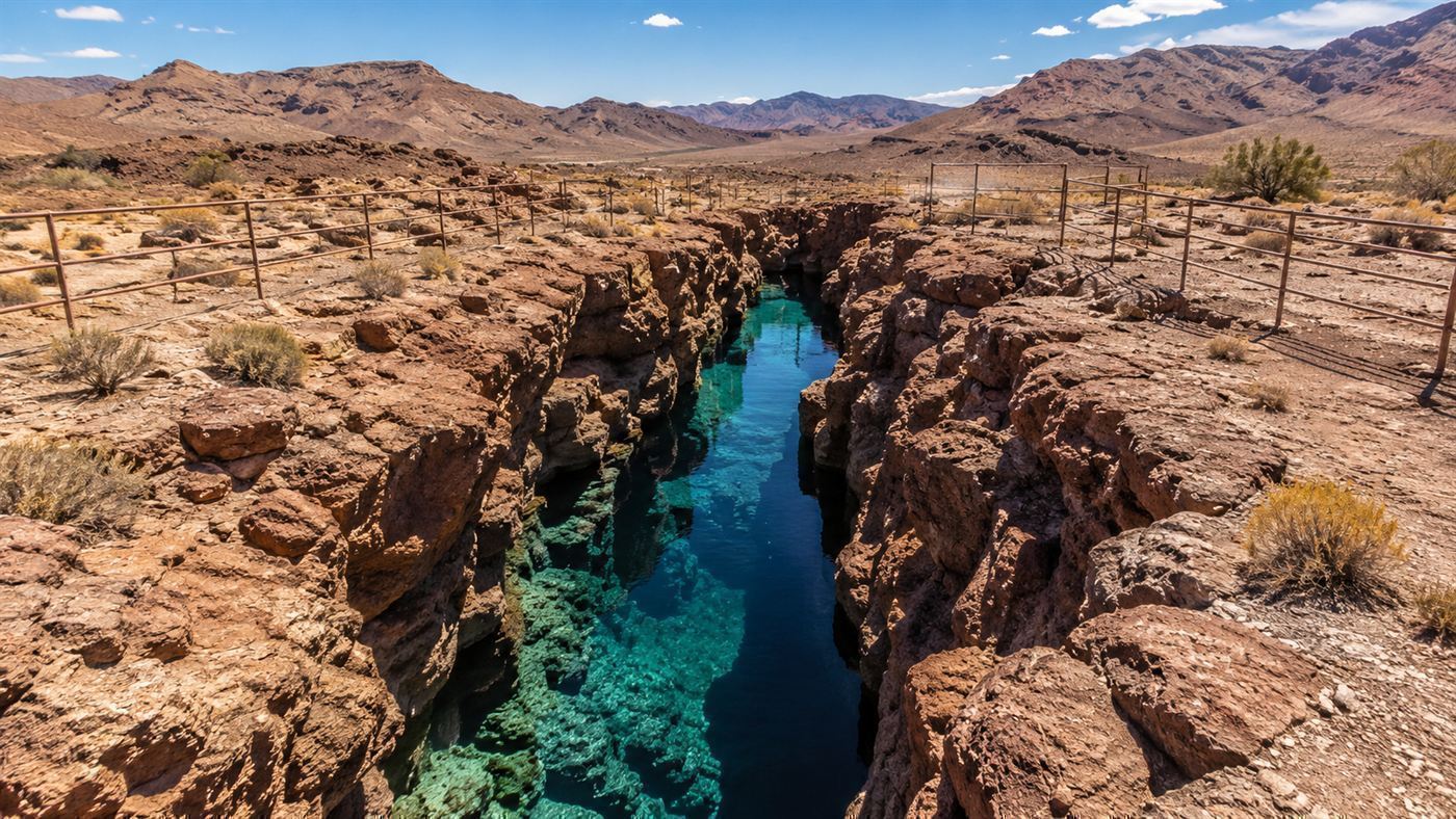 A narrow turquoise water-filled fissure in red desert rock surrounded by arid Nevada mountains, fenced for protection