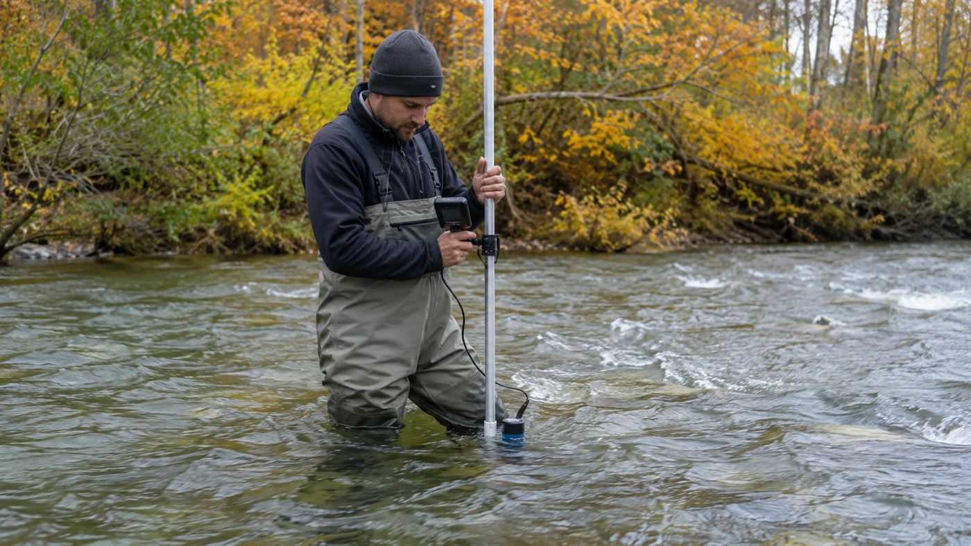 A hydrologist measuring the flow of the Brule River near Devils Kettle to solve the mystery