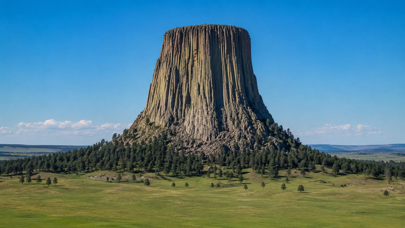 Devils Tower rising alone above the Wyoming plains, its steep sides scored into tall vertical rock columns under a blue sky