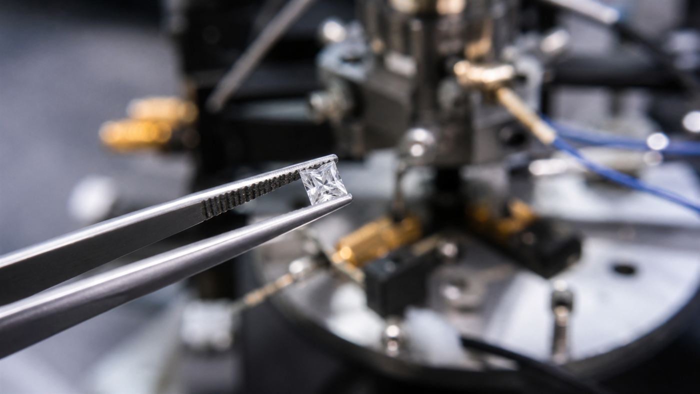 A small lab-grown diamond battery cell containing carbon-14, held in tweezers under bright laboratory light