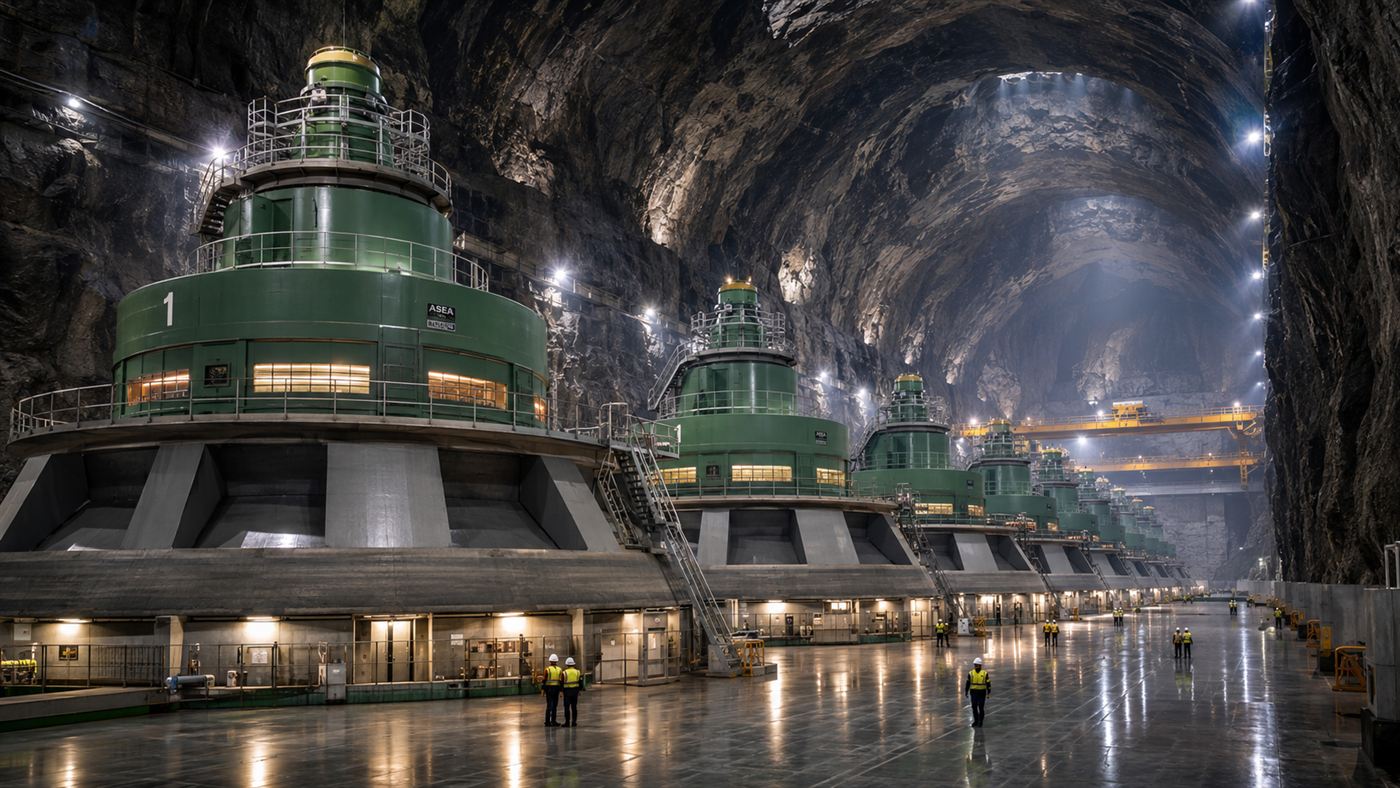 A vast underground turbine hall cavern deep inside a mountain with huge green generators and tiny workers for scale under dramatic lighting