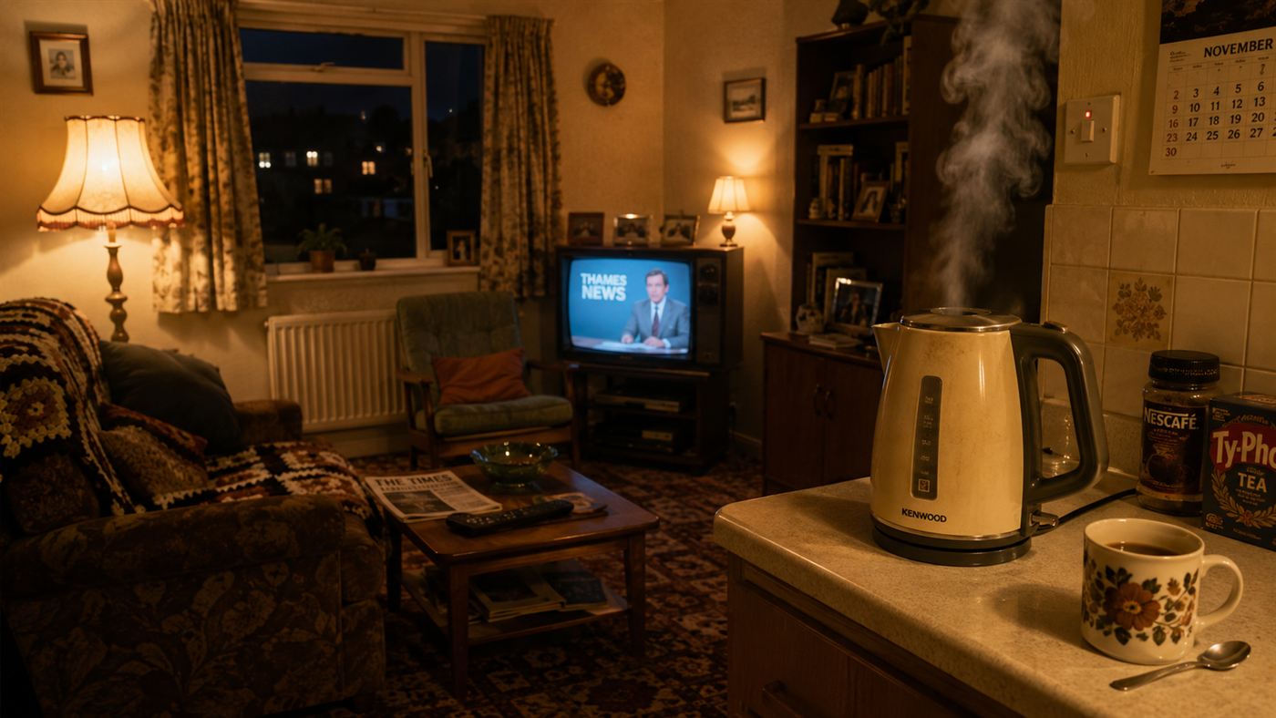 A cosy 1980s British living room at night with a television glowing and a kettle steaming in the foreground