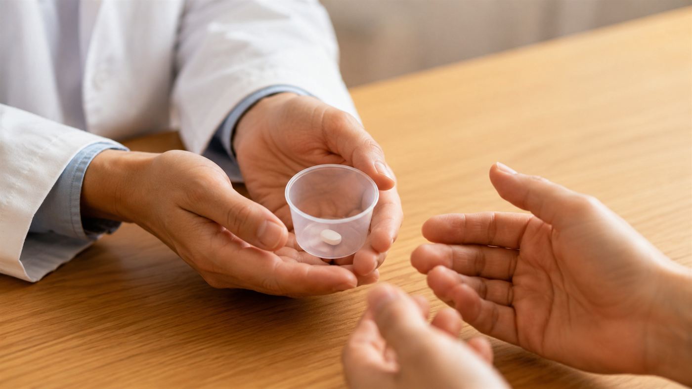 A doctor's hands offering a small cup with a single white pill to a patient in a warm clinic