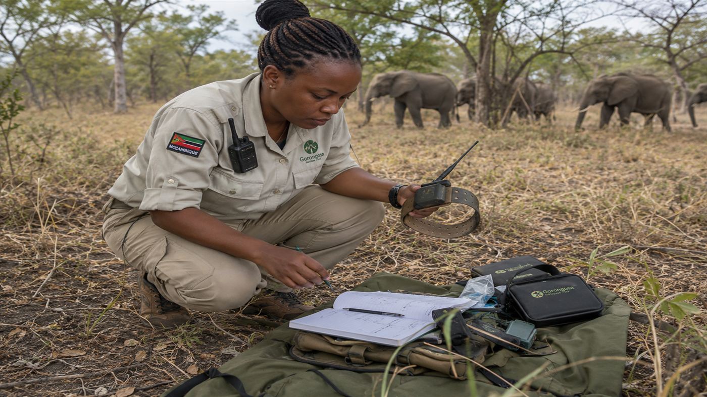 A Mozambican female scientist in a khaki field shirt crouching beside elephant tracking equipment in Gorongosa National Park, savanna trees behind her