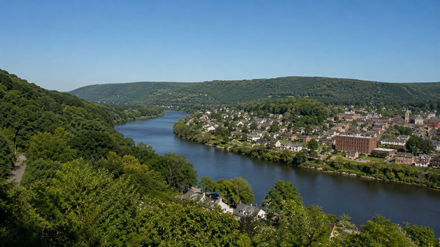 Clear blue sky over the Monongahela River valley at Donora today
