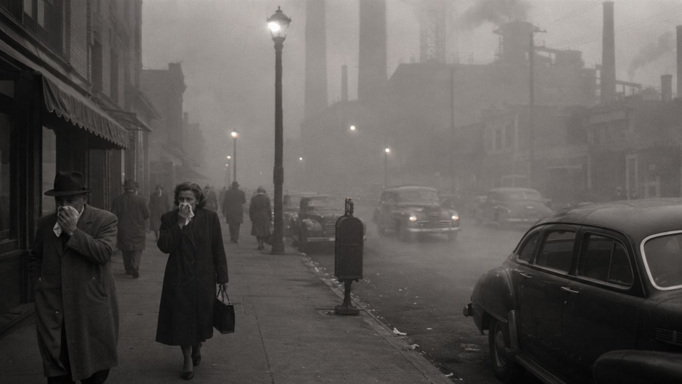 A street in Donora, Pennsylvania shrouded in the deadly 1948 Donora smog at midday