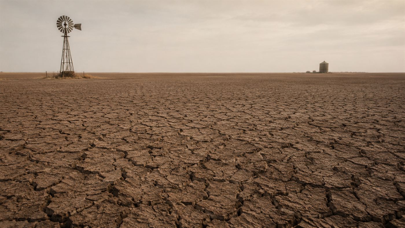 Dry cracked bare earth on a drought-stricken plain with a lone windmill and distant grain silo under a hazy sky